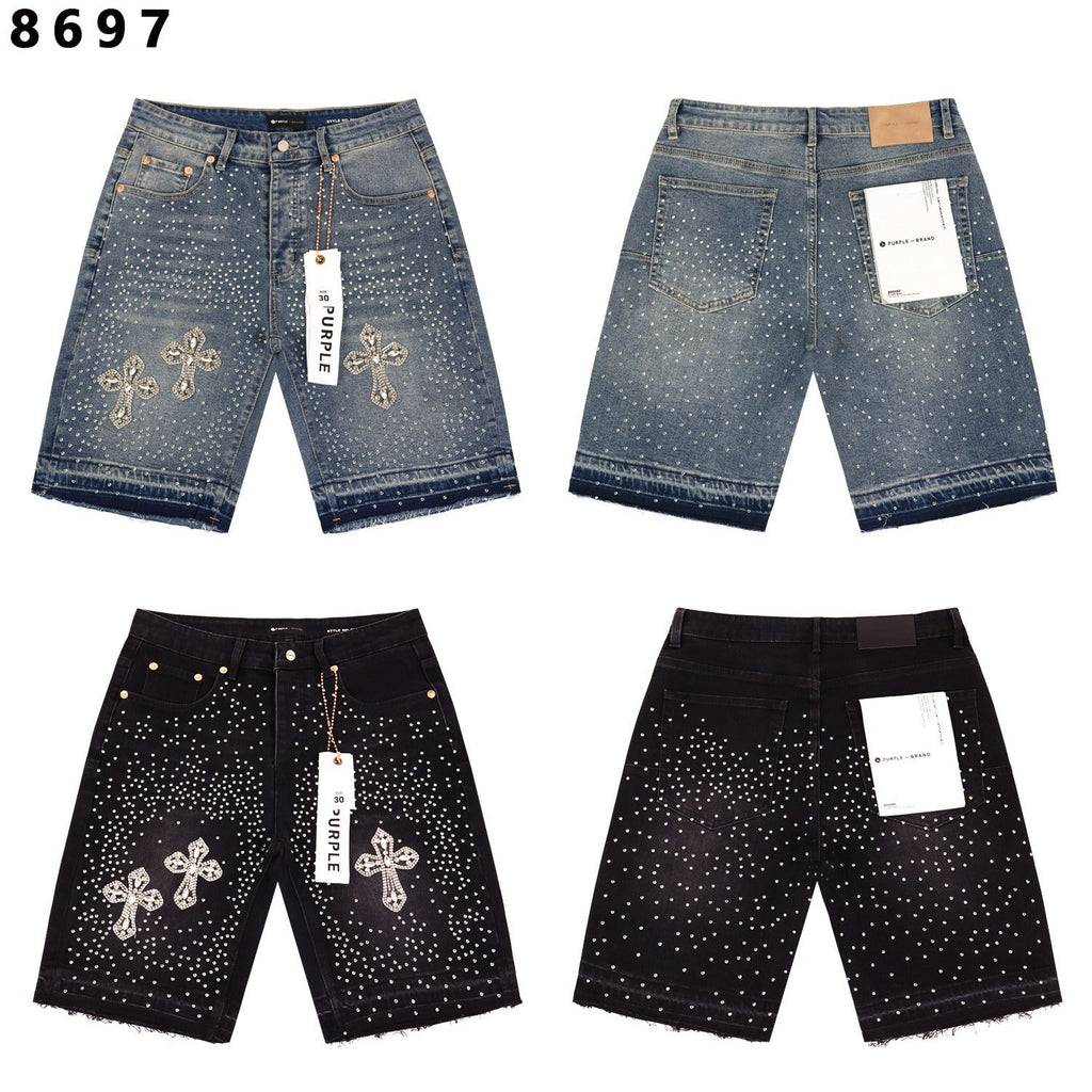 Purple Brand Rhinestone Relaxed-Fit Denim Shorts Unisex