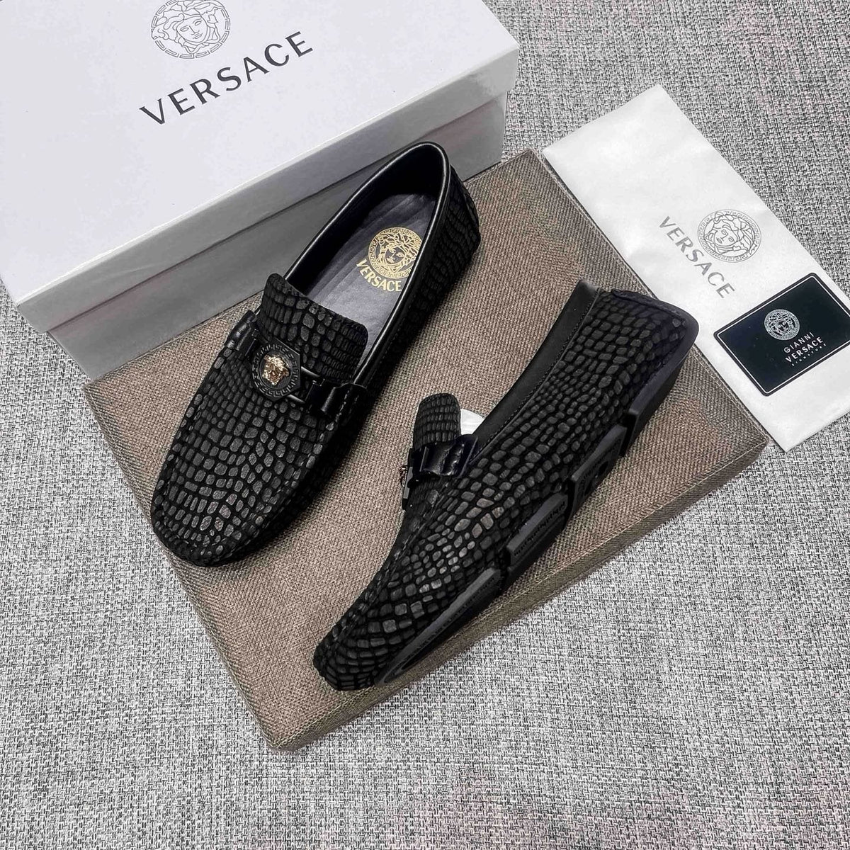 Versace Black Textured Driving Loafers