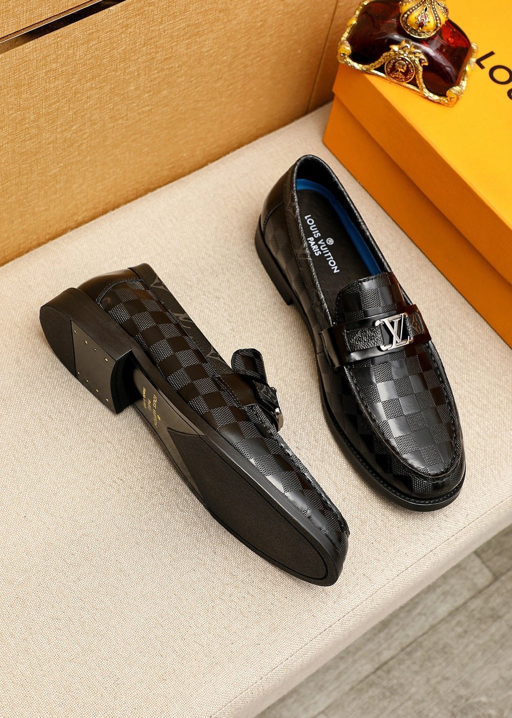 Louis Vuitton Black and Dark Gray Check Loafers