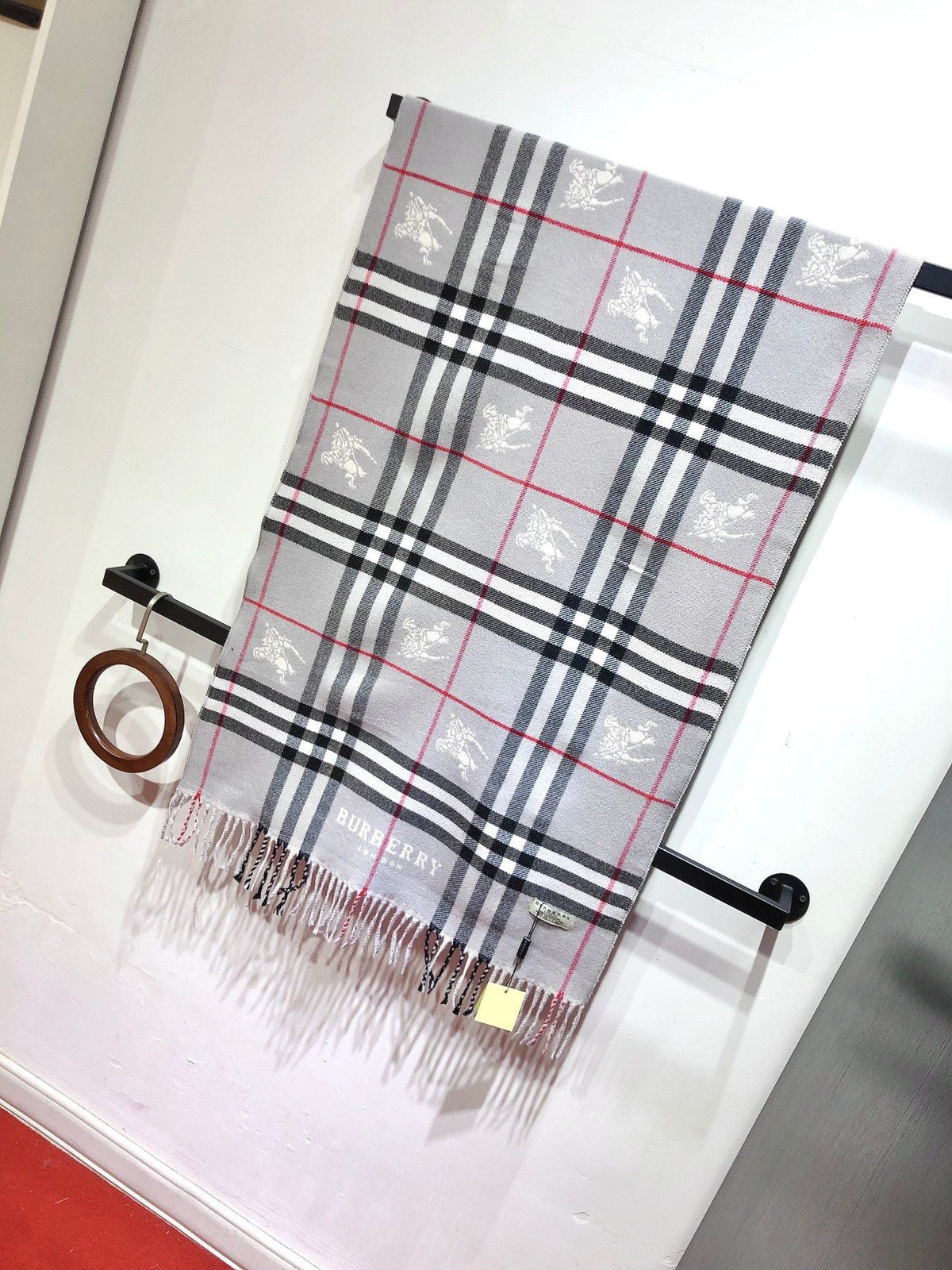 Burberry Embroidered Plaid Fringe Scarf