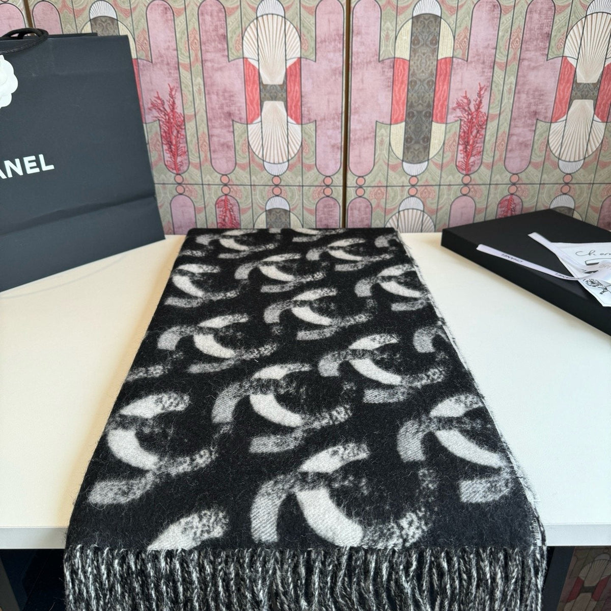 Chanel Black Fringed Patterned Scarf