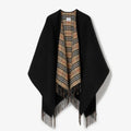 Black Reversible Plaid Fringed Poncho